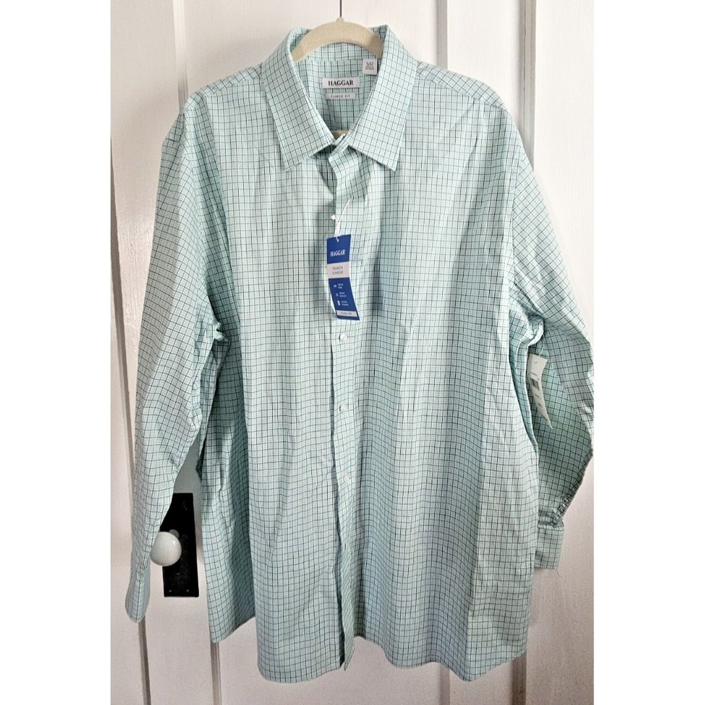 NWT Haggar Men's Classic Fit 18-18.5 34/35 Premium Cotton Dress Shirt blue plaid